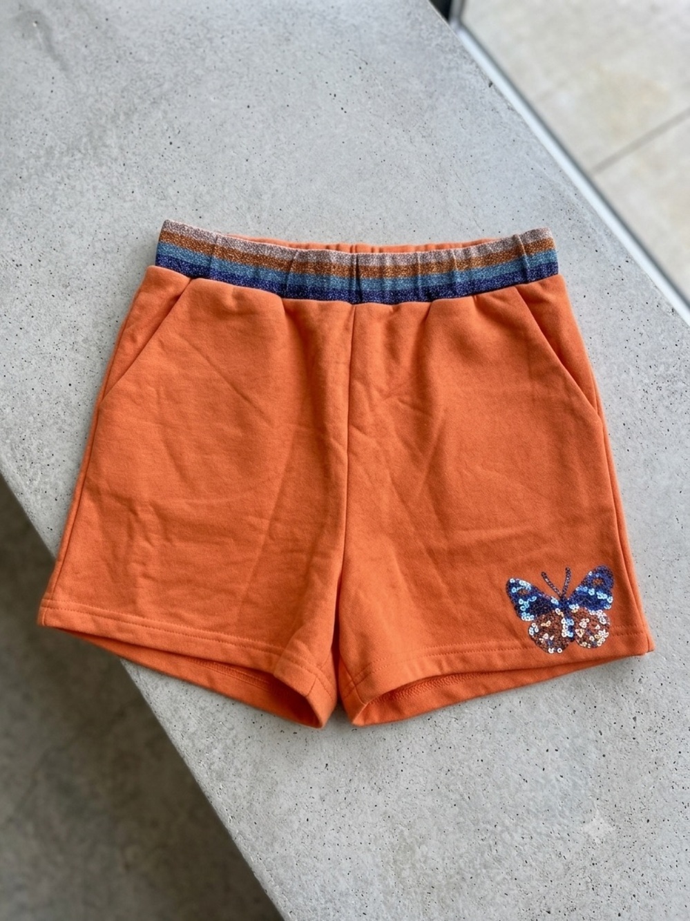Queen of Sparkles Girls Orange Sweat Shorts with Sequin Butterfly Size XL $98